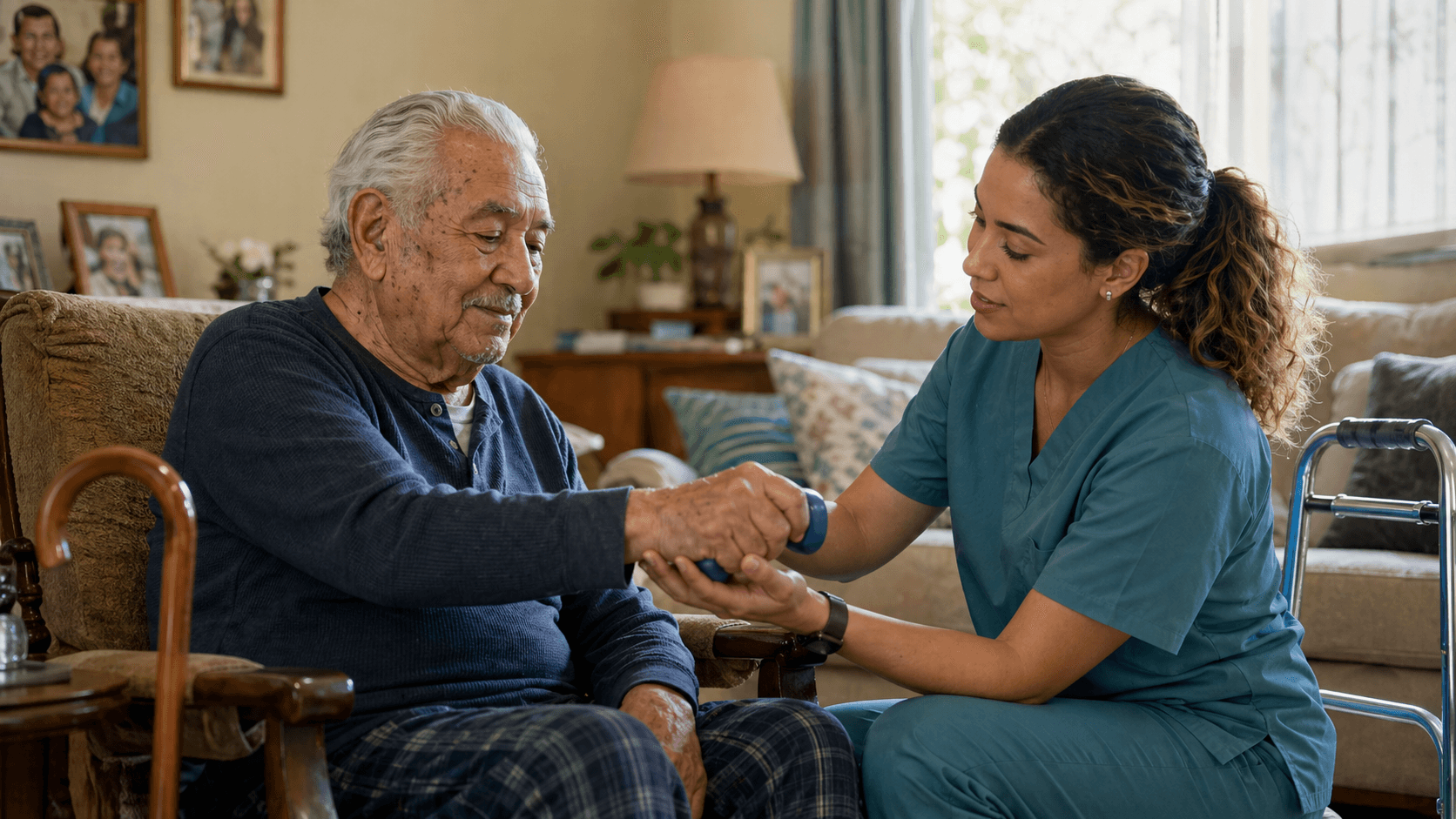 Therapist supporting an older male patient with a seated home exercise